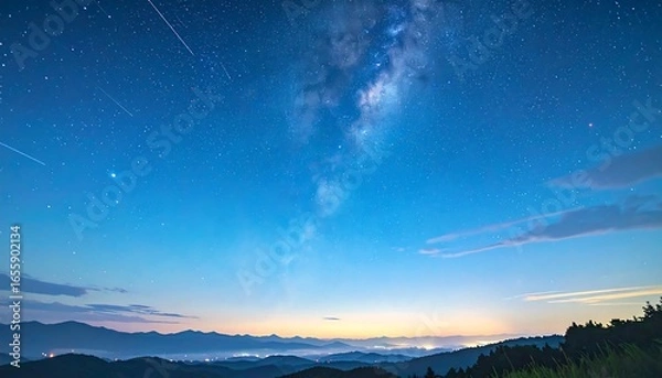 Fototapeta Majestic night sky filled with stars and the Milky Way, showcasing a tranquil mountain vista at dawn.