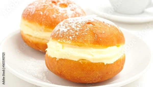 Fototapeta Two delicious cream-filled donuts, dusted with powdered sugar, sit on a white plate, ready to be enjoyed.