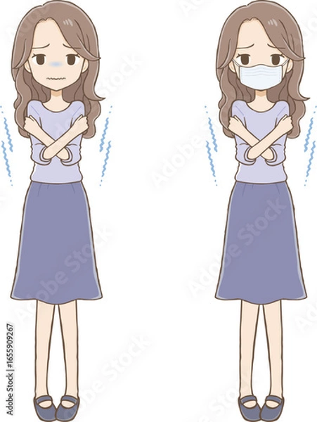 Fototapeta Long wavy-haired woman shivering from cold with and without mask (full body)