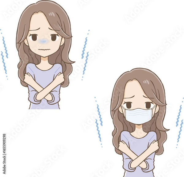Fototapeta Long wavy-haired woman shivering from cold with and without mask (upper body)