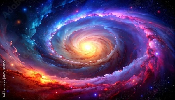 Fototapeta A swirling vortex of vibrant colors dominates this breathtaking cosmic landscape, showcasing a kaleidoscope of hues and textures in outer space.
