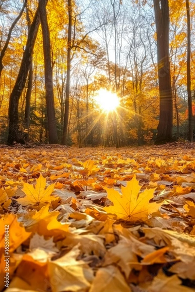 Fototapeta Golden maple leaves falling on an autumn forest floor with warm sun rays