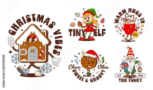Fototapeta Christmas groovy characters label stickers and t shirt prints vector set featuring funky gingerbread house, elf, cookie, hot drink and gnome with retro typography. Vector holiday and festive patches