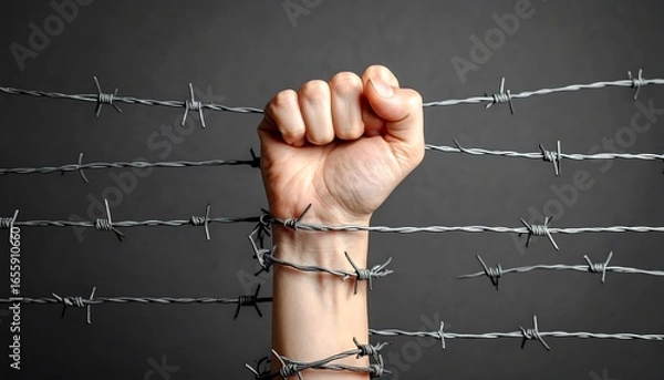 Fototapeta A hand encased in barbed wire, a symbol of restriction and the struggle for freedom.
