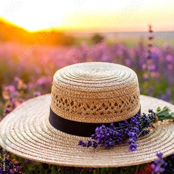 Fototapeta Straw hat in a lavender field at sunset