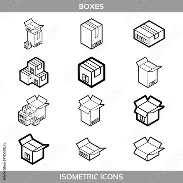 Fototapeta Isometric carton packaging boxes set in line art style with postal signs this side up fragile vector illustration