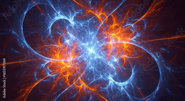 Fototapeta Abstract fractal glowing energy pattern in blue and orange colors, futuristic digital artwork.