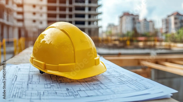 Fototapeta Yellow helmet, calculator, level and project drawings