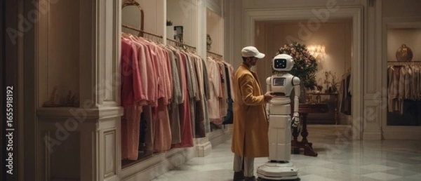 Fototapeta Man in yellow coat interacts with a robot in a luxury clothing store setting