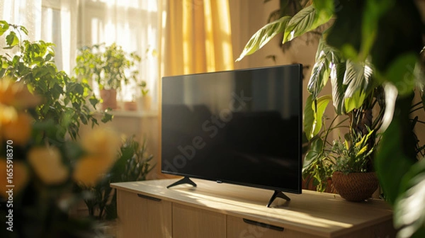 Fototapeta Front view of a living room during midday. The space is softly lit with natural daylight streaming in, creating a bright yet studio-like lighting effect. 