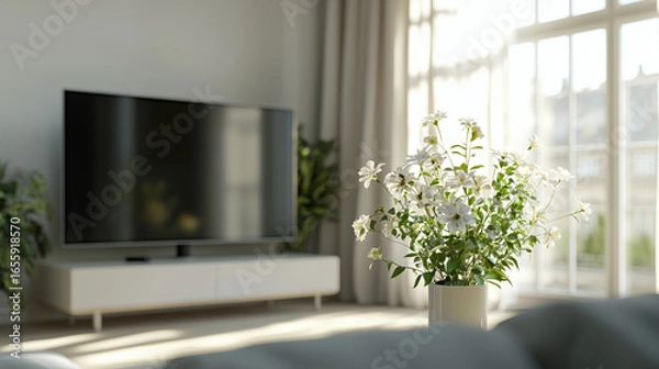 Fototapeta Front view of a living room during midday. The space is softly lit with natural daylight streaming in, creating a bright yet studio-like lighting effect. 