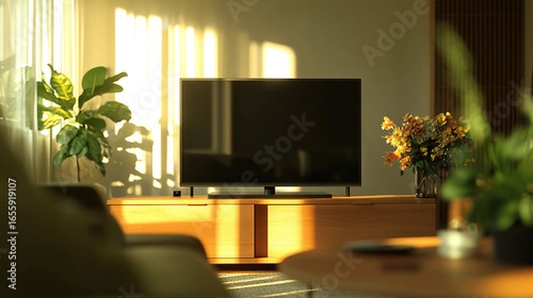 Fototapeta Front view of a living room during midday. The space is softly lit with natural daylight streaming in, creating a bright yet studio-like lighting effect. 