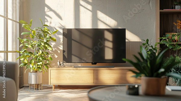 Fototapeta Front view of a living room during midday. The space is softly lit with natural daylight streaming in, creating a bright yet studio-like lighting effect. 