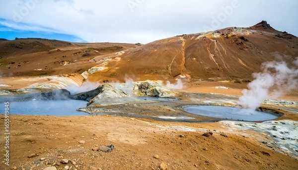 Fototapeta A vista of a geothermal area, showcasing vibrant colors and steaming pools amidst a rugged landscape.
