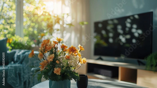 Fototapeta Front view of a living room during midday. The space is softly lit with natural daylight streaming in, creating a bright yet studio-like lighting effect. 