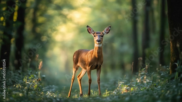 Fototapeta Deer walking in forest with tall trees