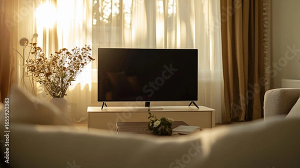 Fototapeta Front view of a living room during midday. The space is softly lit with natural daylight streaming in, creating a bright yet studio-like lighting effect