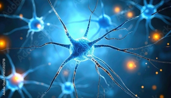 Fototapeta A detailed illustration of a neuron, showcasing its structure with intricate branches and glowing elements against a dark background.