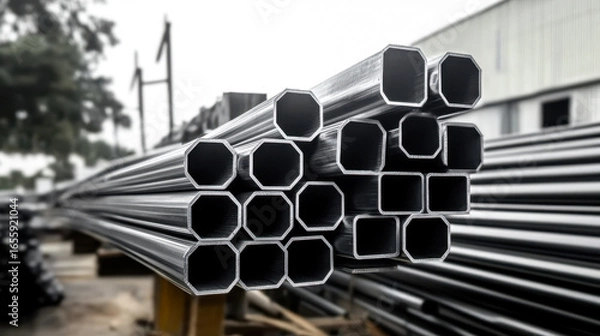 Fototapeta Aerial view of neatly stacked steel pipes in a storage yard, demonstrating the extensive inventory and readiness for distribution.