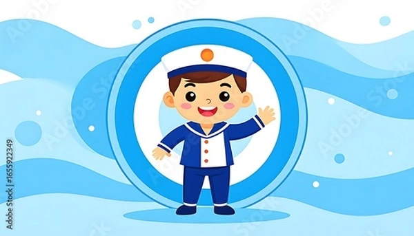 Fototapeta Cute child in sailor uniform against a light blue background.