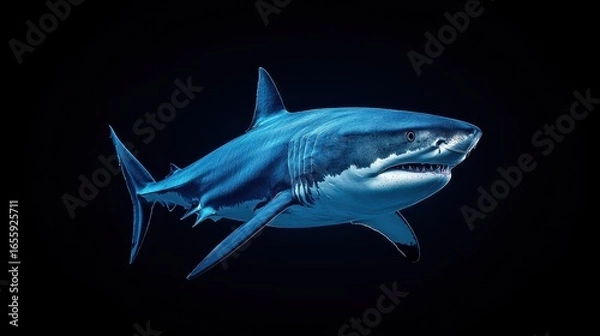 Obraz Majestic Great White Shark Swimming Gracefully Through the Dark Ocean Waters in Ultra-Realistic Detail