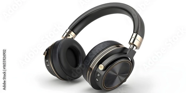 Fototapeta Black and gold wireless headphones isolated on white background for listening