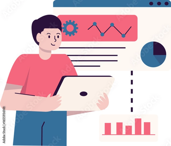 Fototapeta A man is holding a tablet and interacting with a digital interface displaying charts, graphs, and a gear icon, suggesting data analysis or business operations.