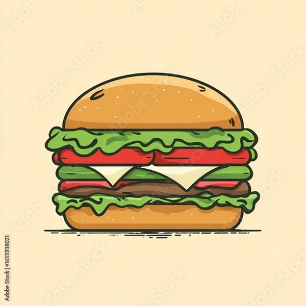 Fototapeta Flat illustration of hamburger with lettuce tomato and cheese bold outlines no shadows warm food palette centered composition