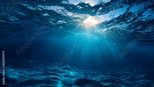 Fototapeta Underwater Ocean Scene with Sunlight Rays Penetrating Deep Blue Water