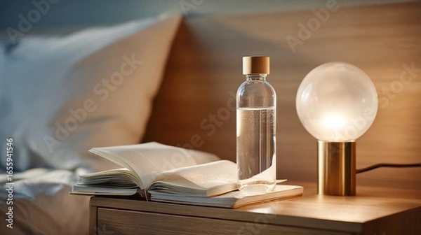 Obraz Water bottle on a wooden bedside table for evening hydration