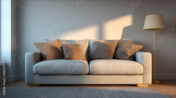 Fototapeta A cozy minimalist living space with natural lighting, a comfortable beige sofa with patterned pillows,