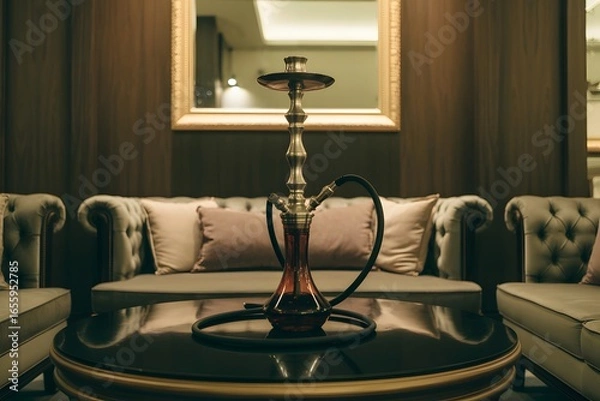 Fototapeta A hookah on a glossy black table in a room with a sofa and a mirror on the brown wall behind it