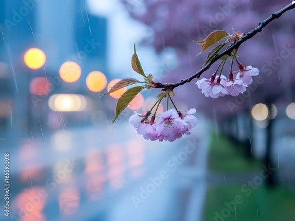 Fototapeta A close up of cherry blossoms on a branch in the rain with blurred city lights in the background