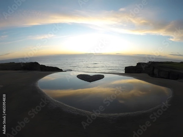 Fototapeta Heart shaped pool reflecting the sky and ocean at sunset with rocky shoreline in the distance