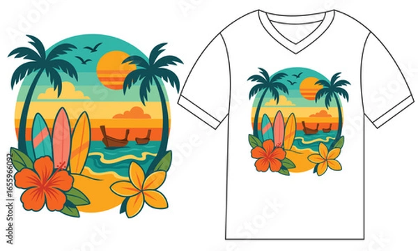 Fototapeta A set of vector illustrations showcasing a tropical beach scene with palm trees, floral designs, and marine life under the summer sun