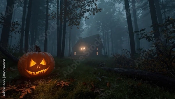 Fototapeta A glowing jack o lantern in a spooky forest with a haunted house in the background on a foggy night