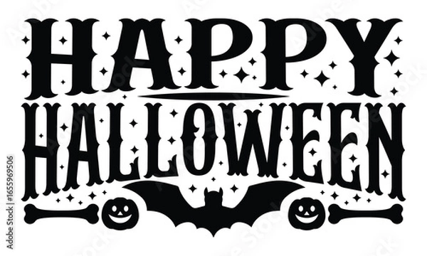 Fototapeta Happy Halloween Typography with Bat, Pumpkin, and Bones - Festive Vector Design