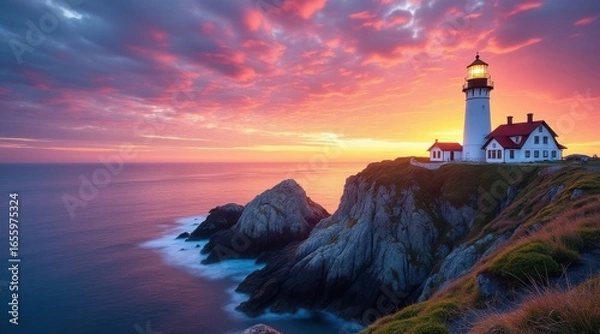Fototapeta Majestic lighthouse on a cliff overlooking the ocean at sunset