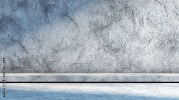 Obraz A textured stone wall with uneven surface in white, gray, and subtle blue hues, featuring a flat concrete ledge below,