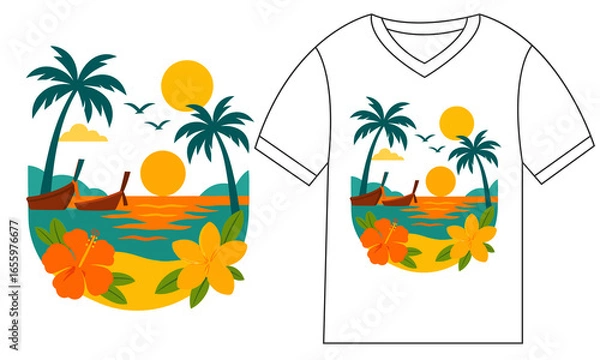 Fototapeta Vector illustration of a vibrant tropical beach with palm trees by the sea
