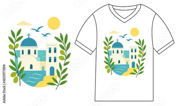 Fototapeta Vector cartoon t-shirt design with a cute house and a colorful tree