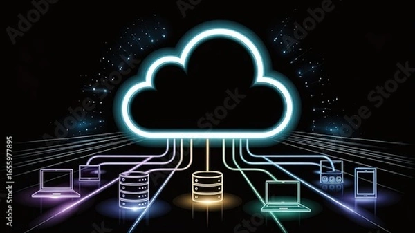 Fototapeta Cloud Computing and Connectivity: An image showcases the concept of cloud computing, with a luminous cloud as the central element. Data streams converge, symbolizing connectivity