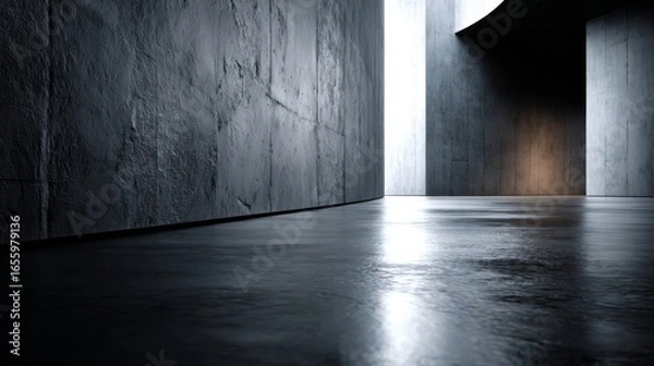 Obraz A modern minimalist interior with polished concrete floors and textured walls,