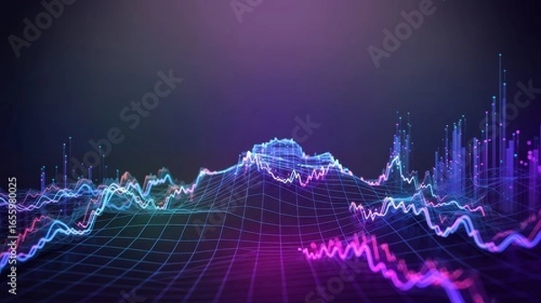 Obraz Abstract Digital Landscape of Financial Data Visualization with Glowing Lines and Particles Representing Market Trends