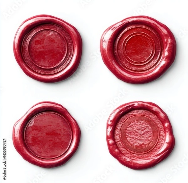 Obraz Four red wax seals with circular embossed borders and blank centers on white background. Perfect for certificates, invitations, packaging, publishing and stationery design. Realistic illustration.
