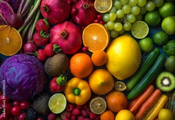 Obraz Colorful assortment of fresh fruits and vegetables including citrus, grapes, berries, cabbage, cucumber and peppers. Ideal for nutrition concepts, grocery retail, organic branding, packaging.