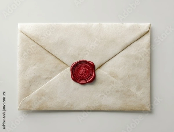 Obraz Aged parchment envelope sealed with red wax seal featuring classic coat of arms. Vintage style for letters, invitations, documents and branding. Realistic textured illustration.