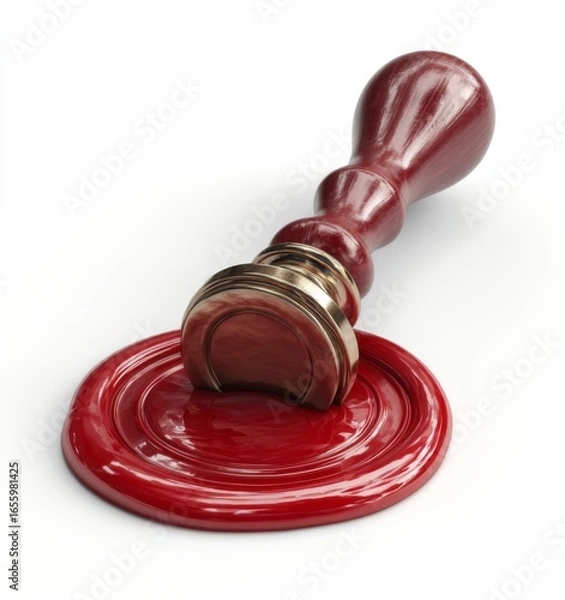 Obraz Wooden wax seal stamp pressed into melted red wax. Used for branding, documents or invitations. Symbol of authenticity, authority and certification.