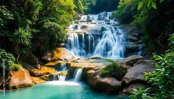 Fototapeta Turquoise cascading water of Kuang Si Falls in lush Lao jungle,   breathtaking,   beautiful