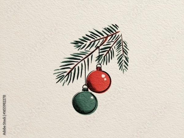 Obraz Pine branch with red and green balls on textured beige background. Winter mood. Christmas decoration design for greeting cards, posters and wrapping paper. Hand drawn illustration.